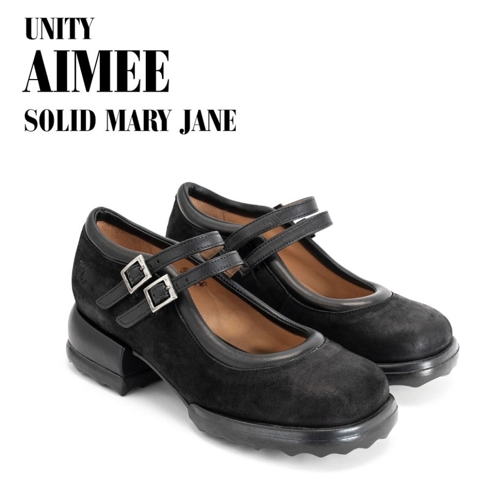 John Fluevog Unity Aimee Black Leather Chunky Heel Double 2 Strap Mary Jane Pump
